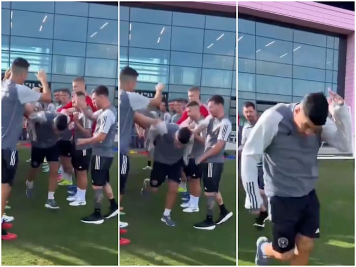 Lionel Messi pictured playfully slapping Luis Suarez during an Inter Miami training session in January 2024